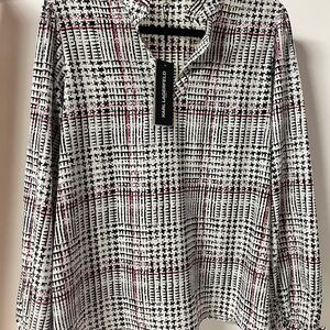 Karl Lagerfeld White and Black Boxy Blouse with Mandarin Collar